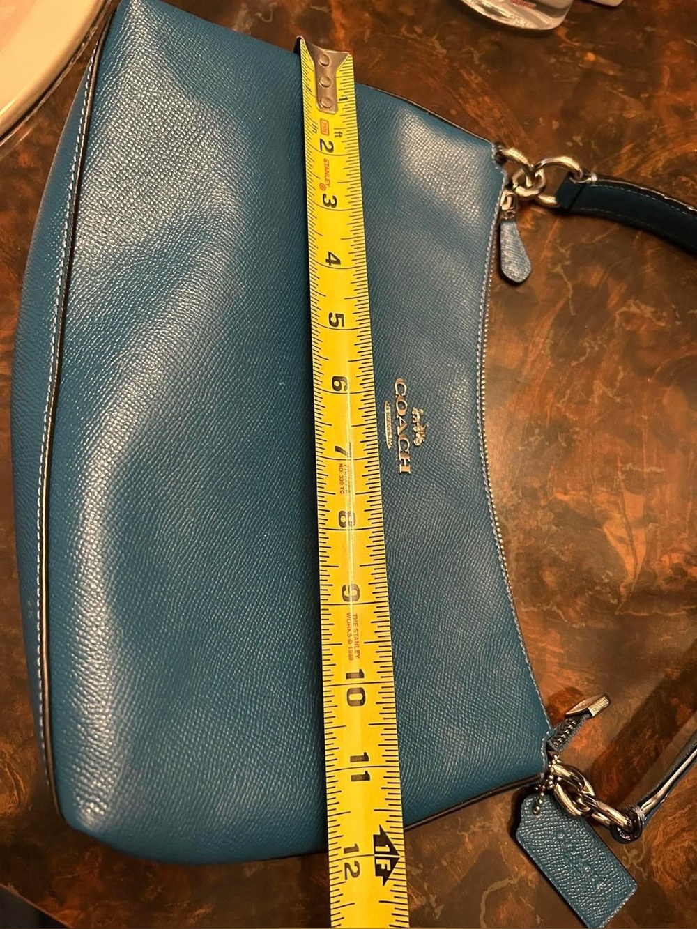 Coach Teal Pebbled Leather Shoulder Bag with Silver Hardware - Picture 13 of 14